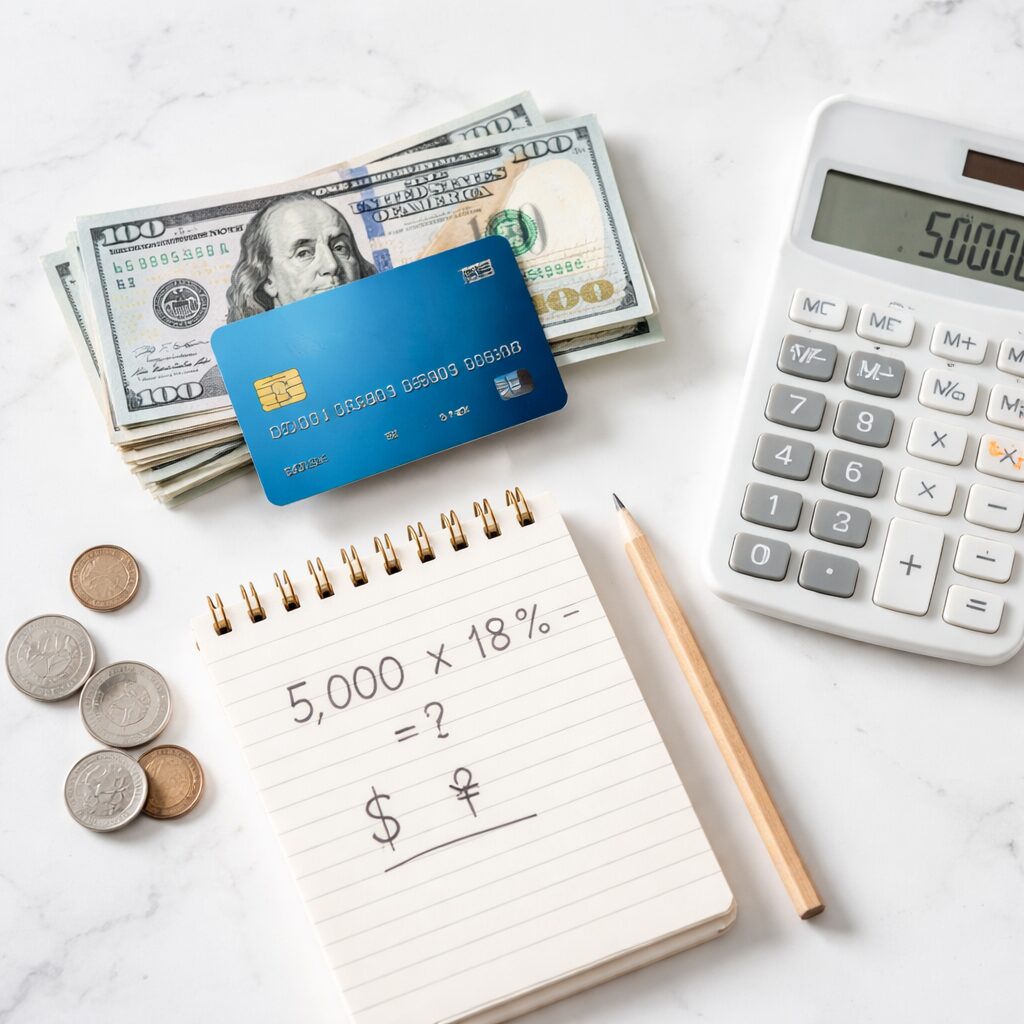 How much interest on a $5000 credit card at 18% APR? 1 How much interest on a $5000 credit card at 18% APR?