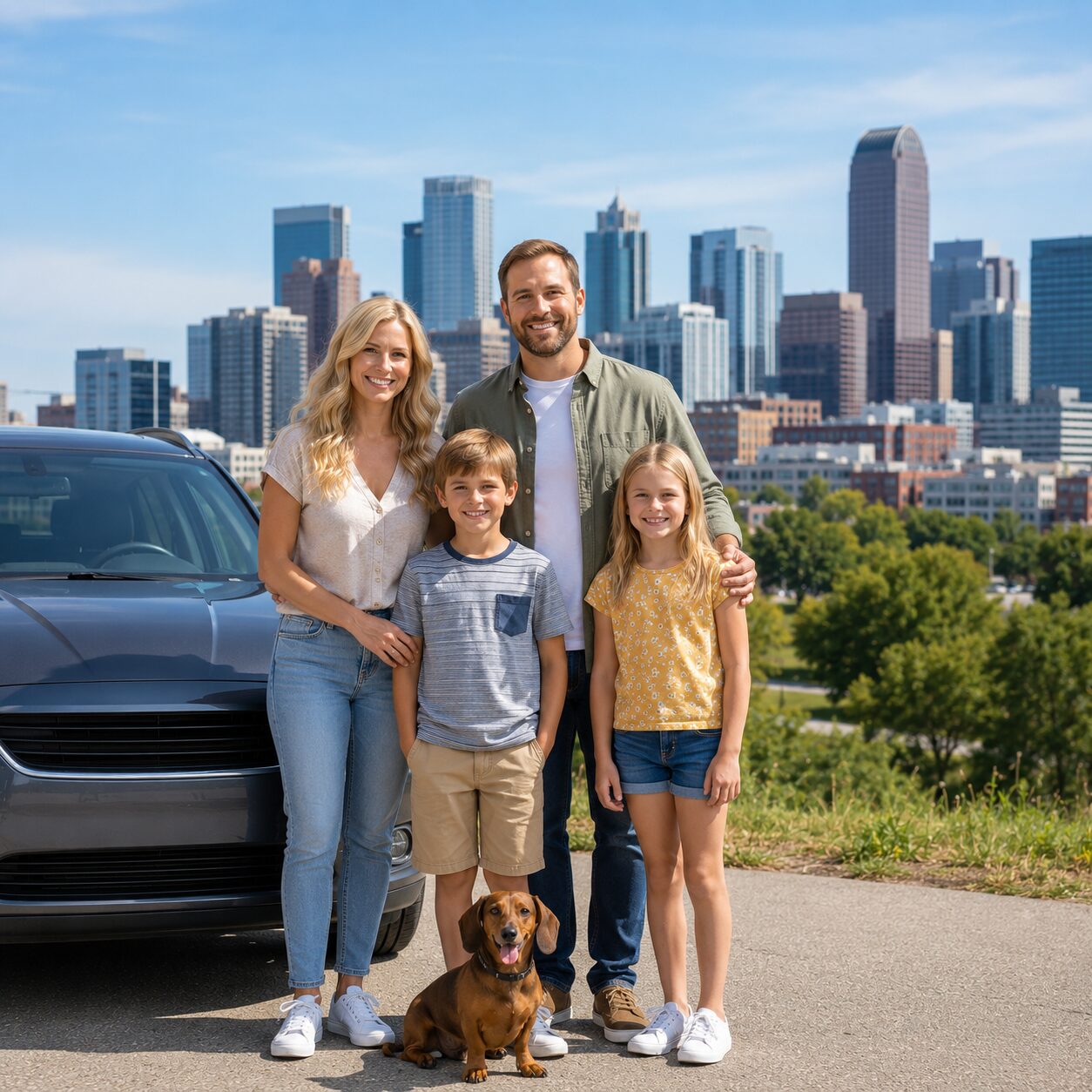 Cheap Auto Insurance Denver guide cover showing a car driving through downtown Denver with the Rocky Mountains in the background, representing affordable Denver car insurance coverage